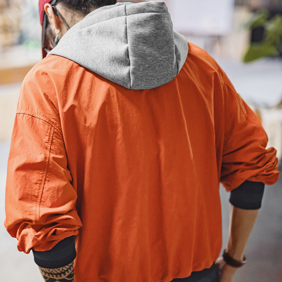 美式復古拼接撞色連帽夾克短薄款開衫橙色休閒外套男春季