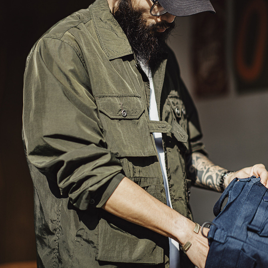 美式復古獵裝襯衫薄款梭織多口袋軍綠色長袖襯衫外套男春