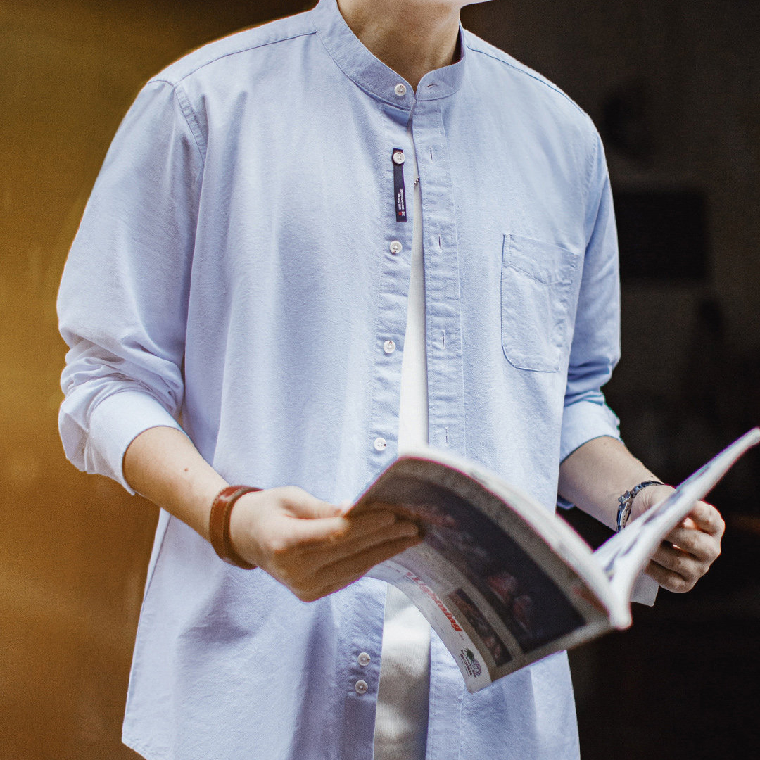 美式牛津布長袖襯衫小高領立領牛津紡純棉襯衣外套男款春