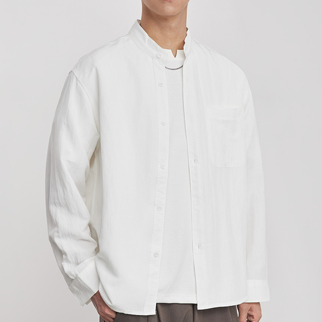 亞麻中式立領休閒襯衫男春季微闊純色休閒簡約百搭長袖上衣