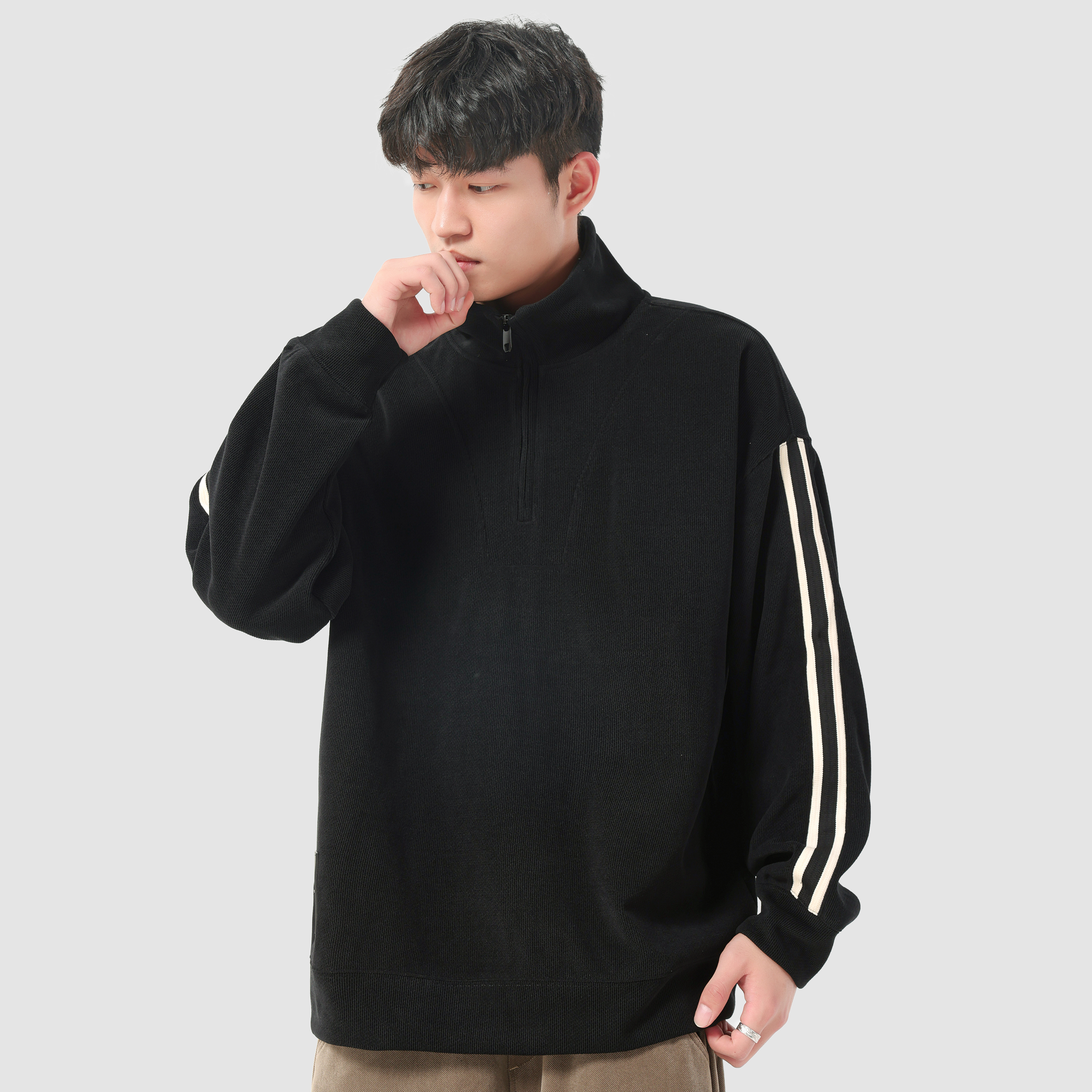 秋季新款日系半高領拉鍊衛衣男寬鬆休閒百搭立領長袖外套