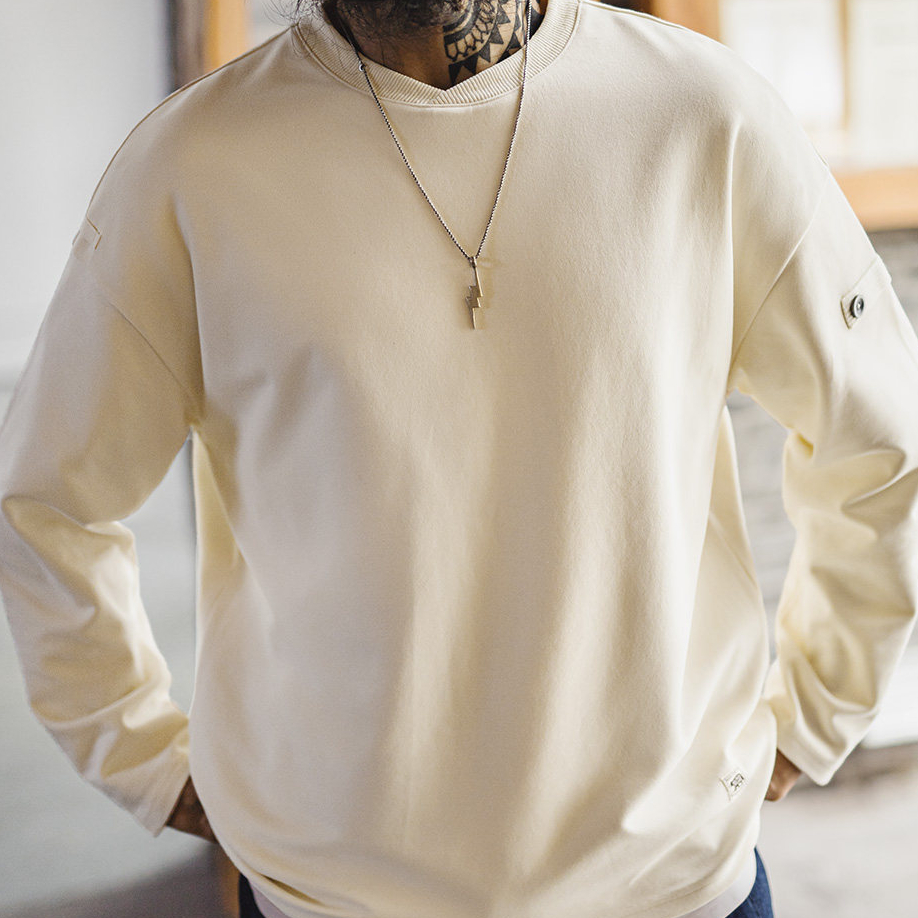 美式復古長袖T恤棉V領套頭白色寬鬆垂感外穿衛衣男款春
