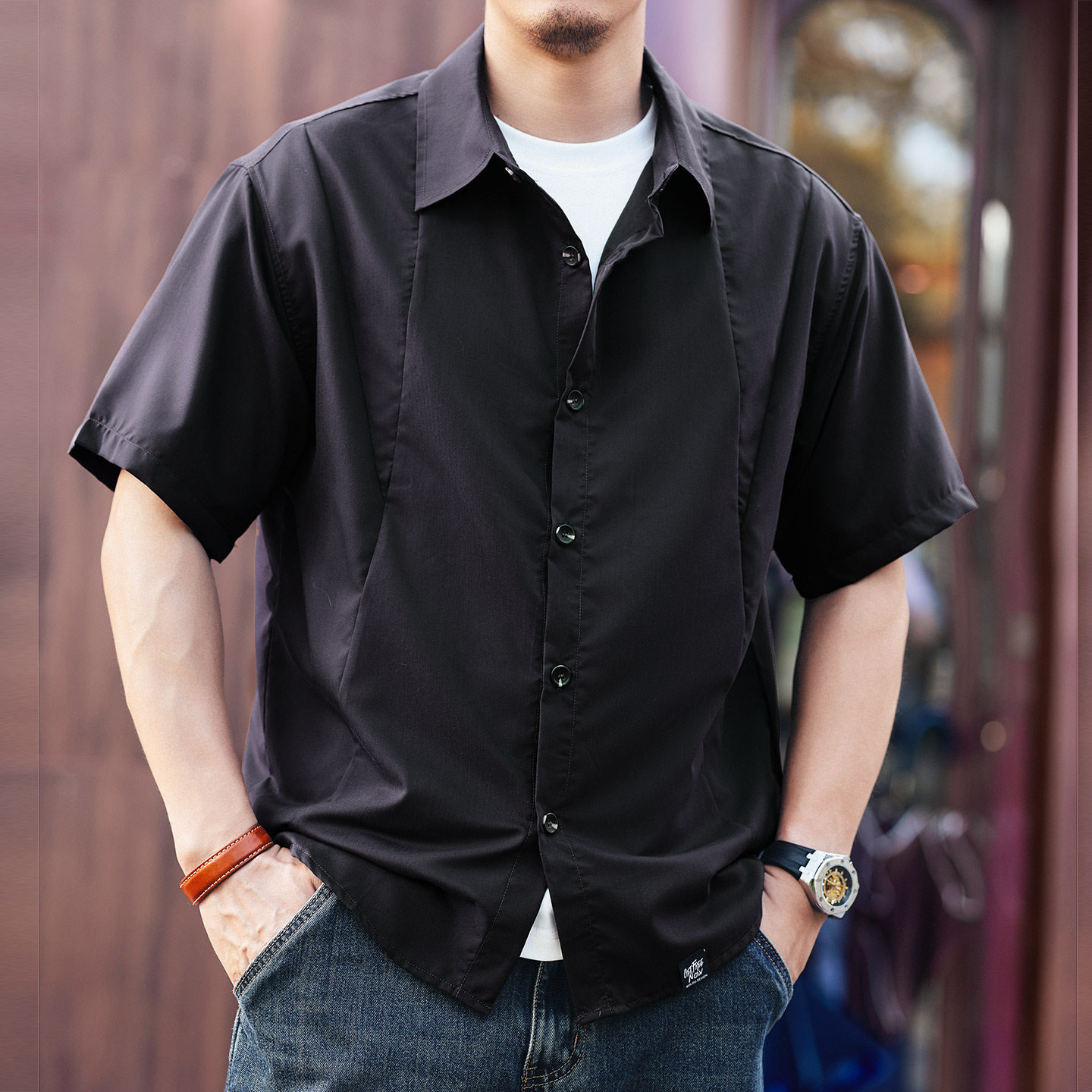 高端潮牌冰絲輕薄款短袖襯衫男士夏季寬鬆涼感透氣半袖襯衣