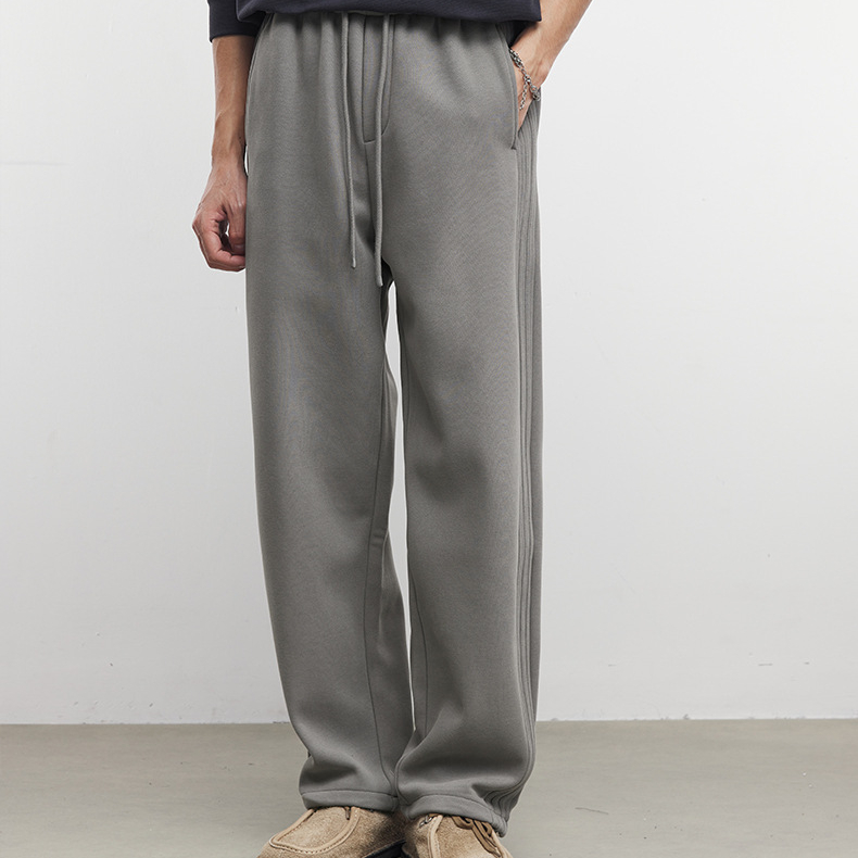 褶廓男士側縫壓褶直筒衛褲秋冬季加絨寬鬆垂感闊腿運動褲