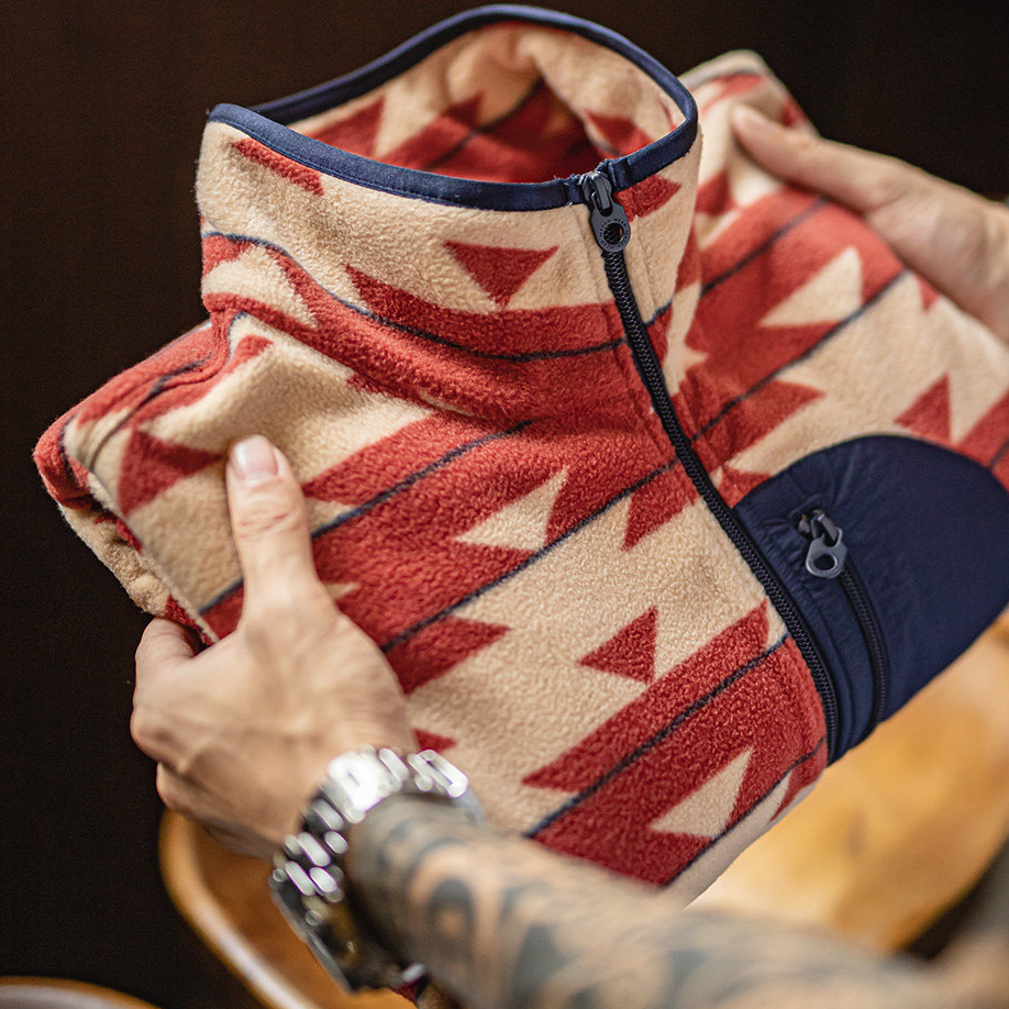 美式納瓦霍搖粒絨衛衣抓絨軟糯拉鍊開衫雙面立領外套男春