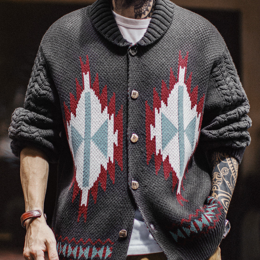 美式復古考津毛衣外套印第安青果領開衫針織毛衫男秋冬