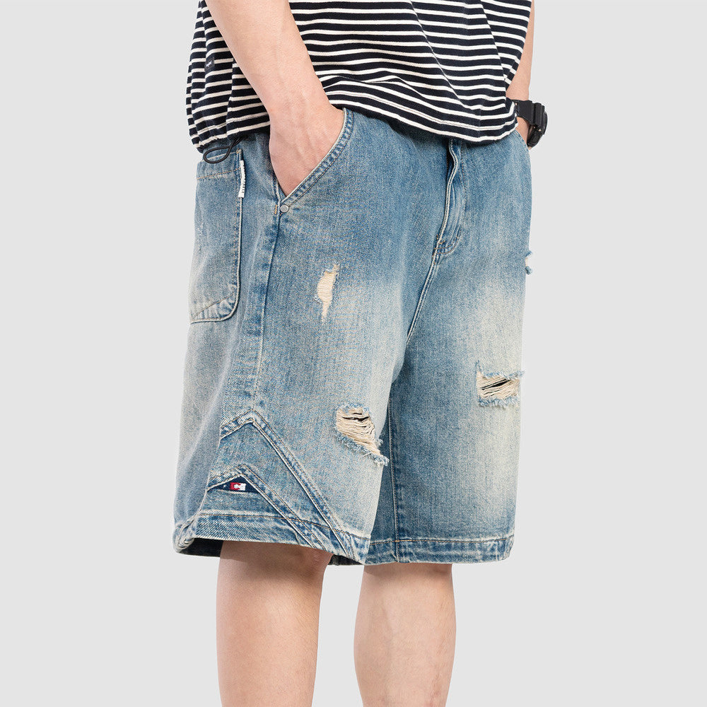 水洗破洞牛仔短褲男夏季寬松大碼美式潮牌休閑五分褲