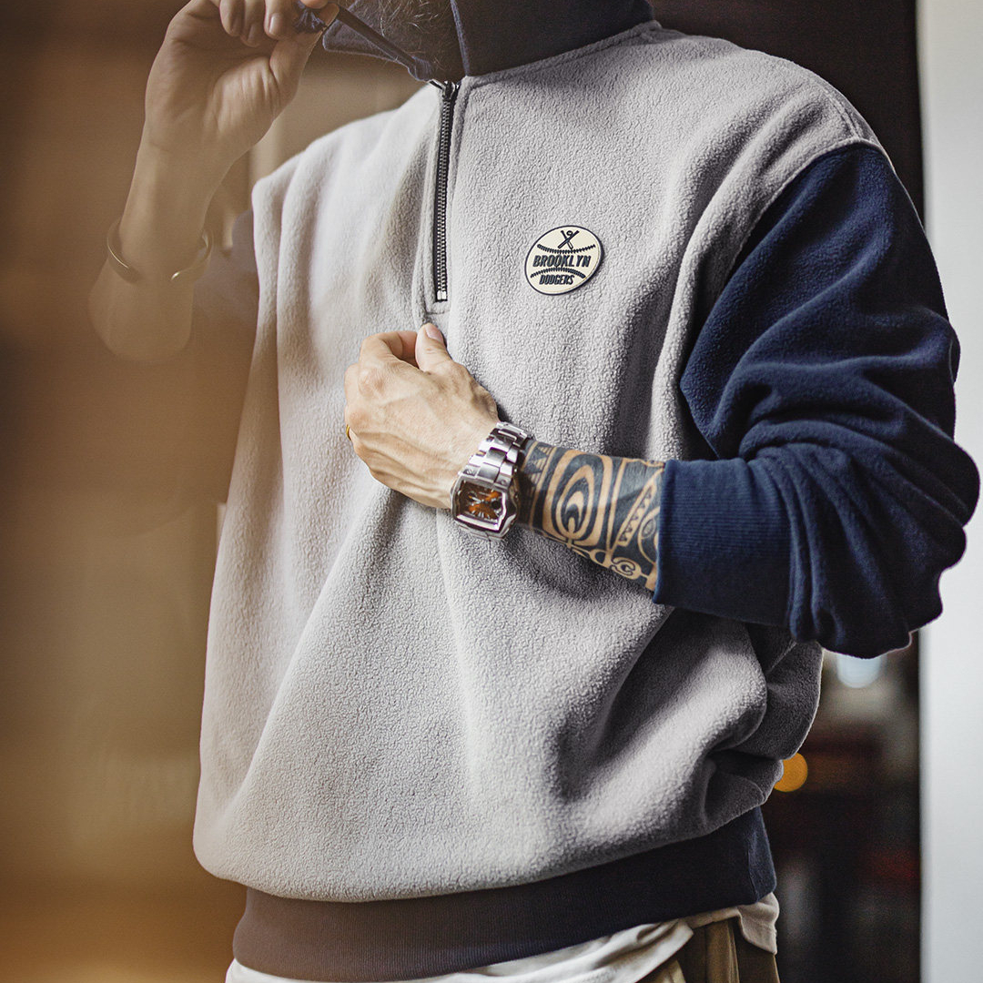 美式搖粒絨半開襟衛衣學院風polo領撞色套頭保暖外套男秋