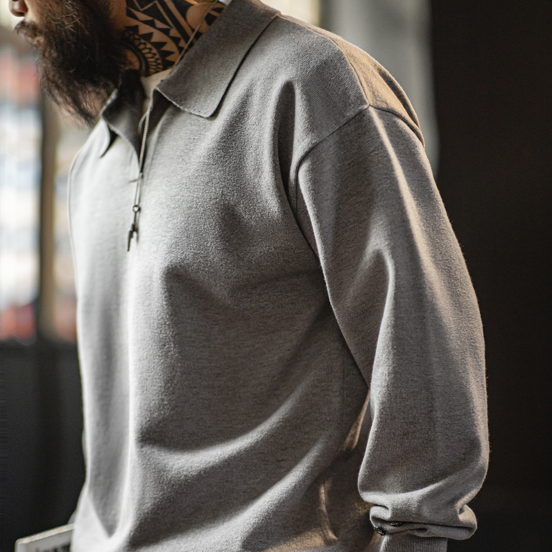 美式休閒海鷗polo領衛衣老錢風灰色針織長袖polo衫男秋季