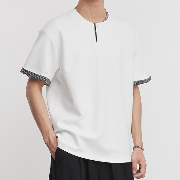 重磅260g格紋拼接小V領T恤男夏季亨利領寬鬆休閒街頭通勤短袖