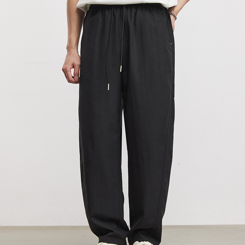 萊賽爾輕薄肌理休閒彎刀褲男夏季抽繩寬鬆透氣垂感通勤長褲