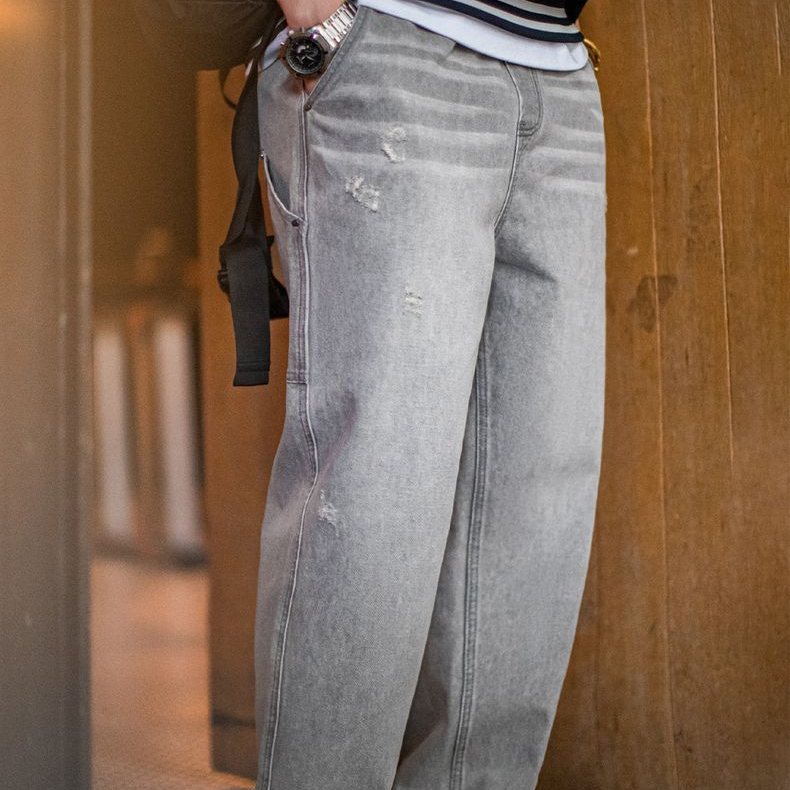 美式復古水洗做舊格雷系灰牛仔褲破洞貓鬚伐木直筒褲男春
