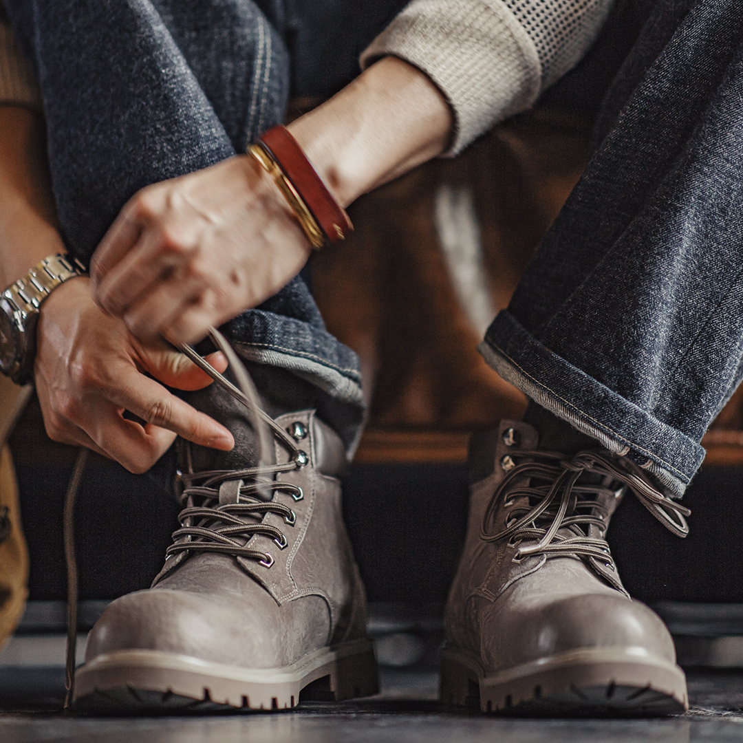 無界翻轉大黃靴男秋冬新款翻蓋中幫真皮復古美式工裝馬丁靴子