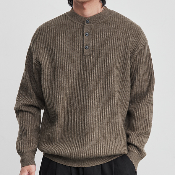 7針亨利領豎紋針織衫男2026春寬鬆立體純色百搭長袖套頭衫