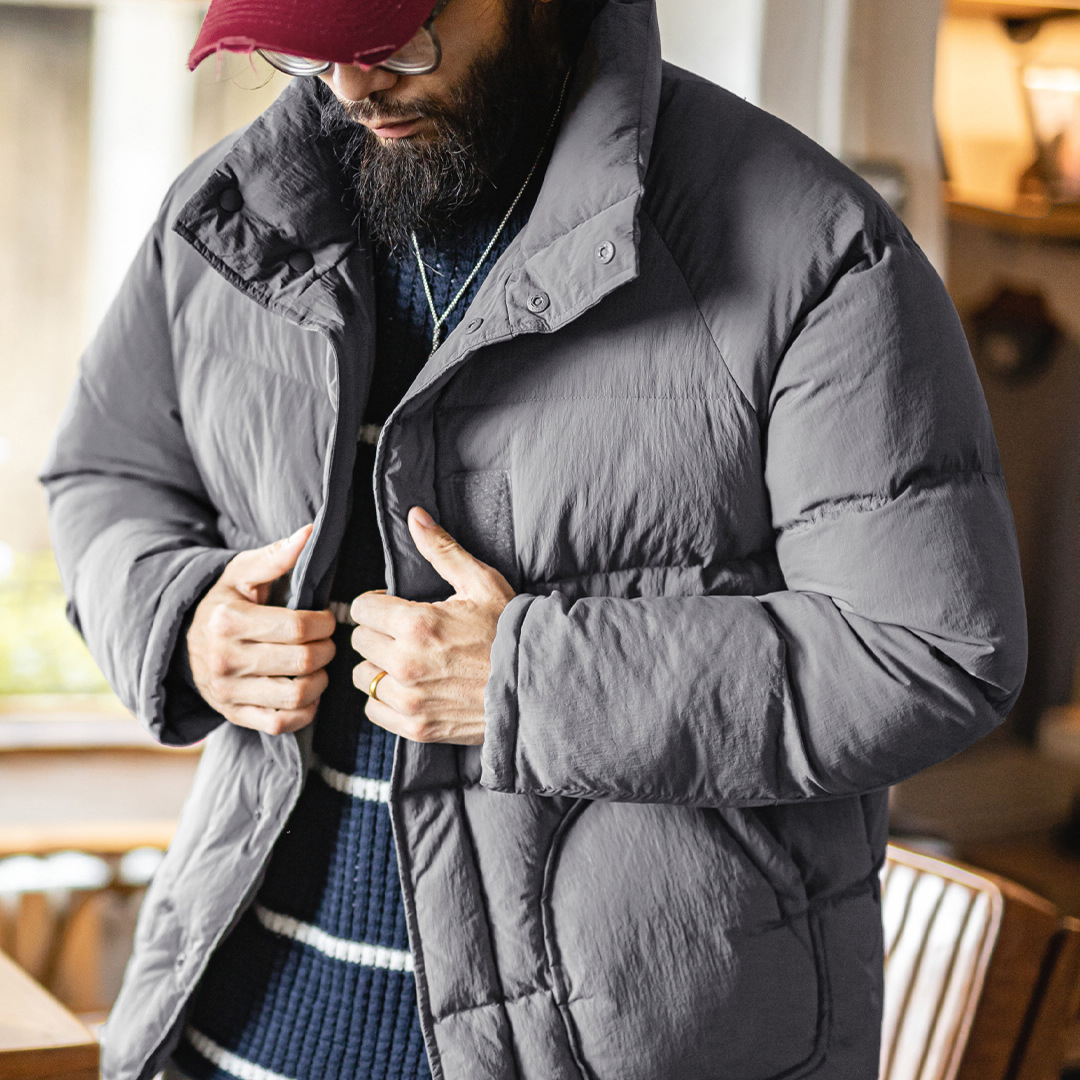 美式灰色尼龍棉服插肩袖外套珍珠棉立領加厚保暖短款夾克