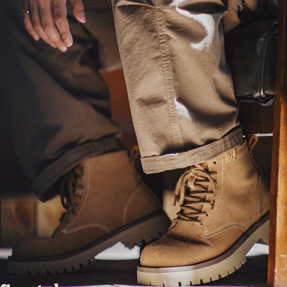 2025年秋冬新款男士中幫真牛皮馬丁靴厚底美式復古休閒工裝靴