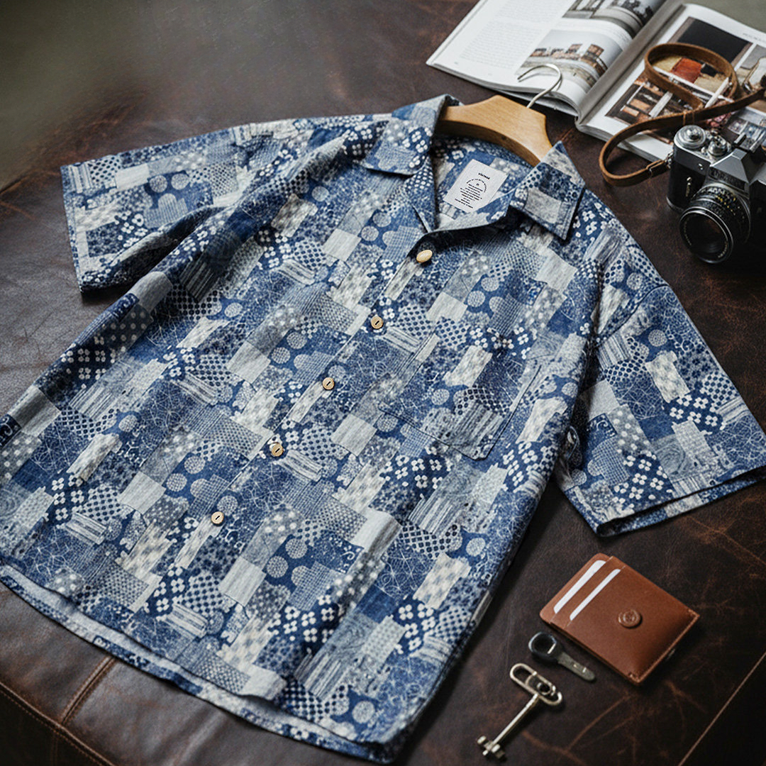 美式復古Boro古布短袖襯衫vintage印花牛仔襯衣外套男夏