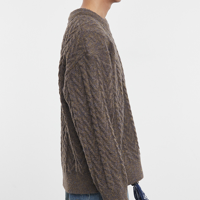 暖織秋冬季寬鬆絞花圓領套頭毛衣男士上衣潮流休閒針織衫