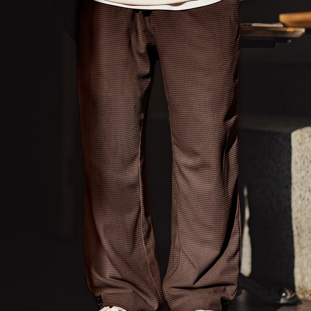 美式方格黃色玉米絨休閒褲直筒抽繩束腳寬鬆長褲子男款春