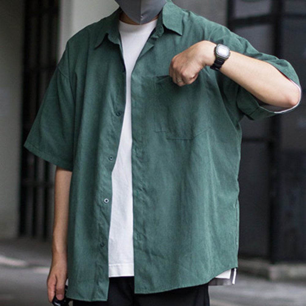 復古純色工裝大口袋短袖襯衫夏季寬松痞帥休閑襯衣