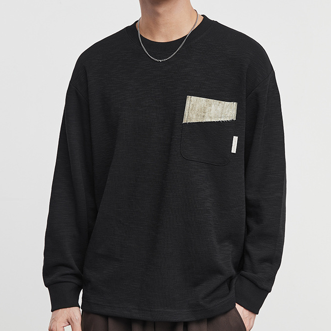 簡棱口袋撞色圓領衛衣男秋季新款潮流寬鬆百搭長袖上衣潮