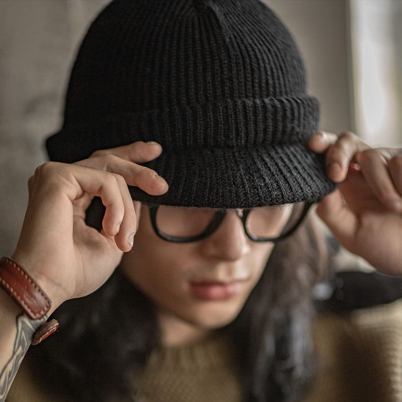 復古黑色針織毛線鴨舌帽包頭護耳防寒保暖羊毛帽子男女冬