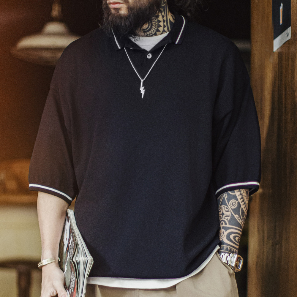 美式機能polo衫條紋老錢風山系黑色T恤寬鬆垂感短袖男夏