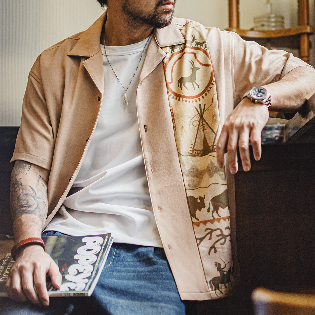 美式復古印花古巴領襯衫印第安薄款短袖棉襯衣外套男士夏