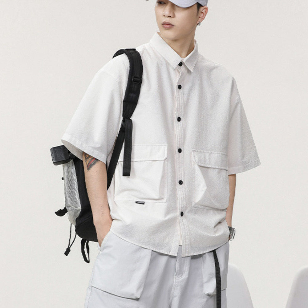 高級感短袖襯衫男夏季新款輕奢潮牌美式工裝寸襯衣男寬松半袖