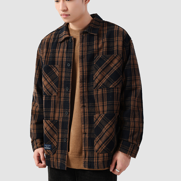 重磅格紋復古洗 春秋cityboy休閒長袖襯衫男寬鬆襯衣外套