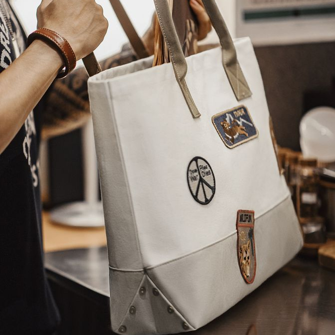 美式復古章仔刺繡托特包大容量手提包相機電腦單肩包男女