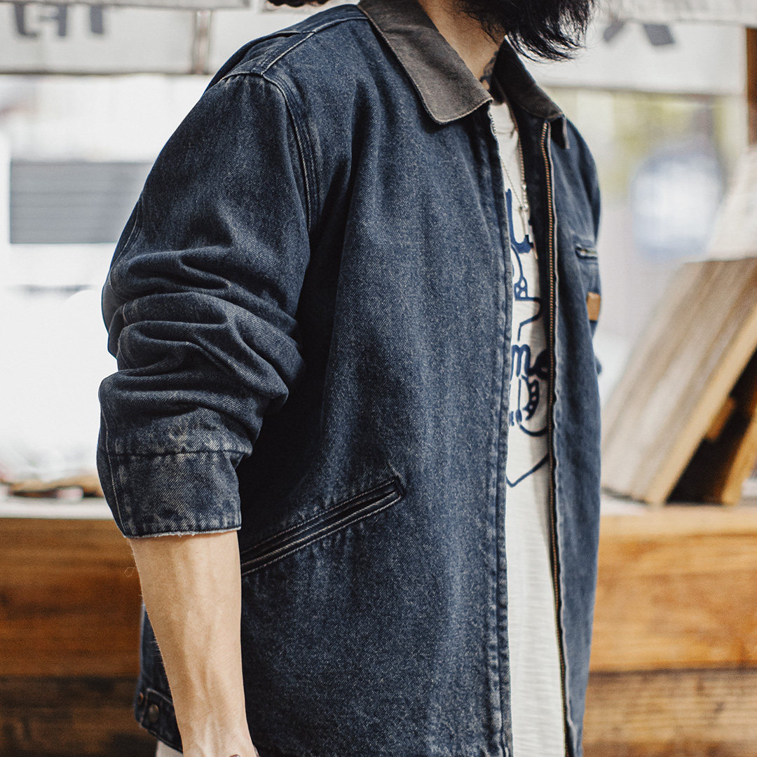 美式復古牛仔底特律夾克水洗做舊短款休閒翻領外套男款春