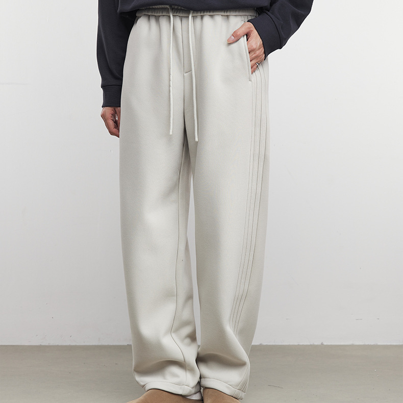 褶廓男士側縫壓褶直筒衛褲秋冬季加絨寬鬆垂感闊腿運動褲