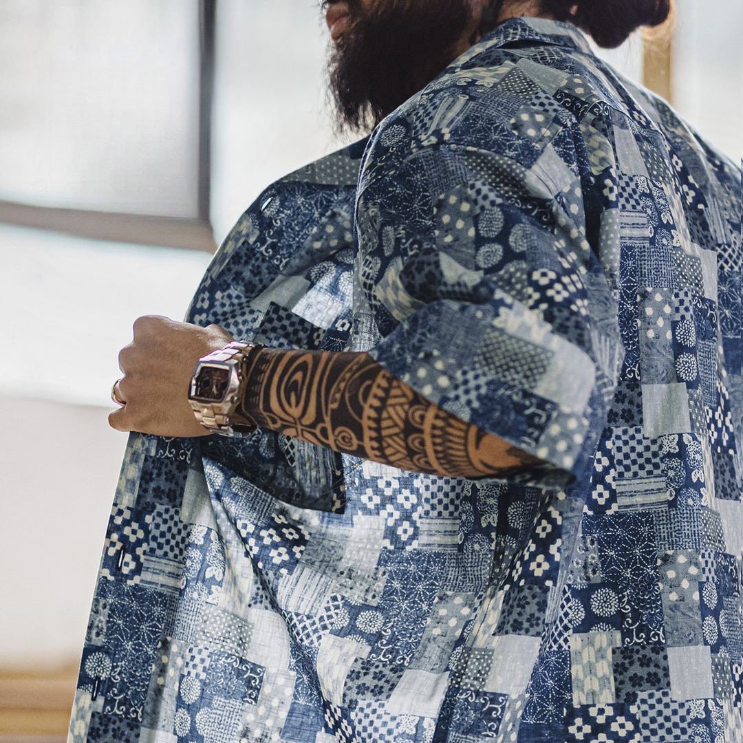 美式復古Boro古布短袖襯衫vintage印花牛仔襯衣外套男夏