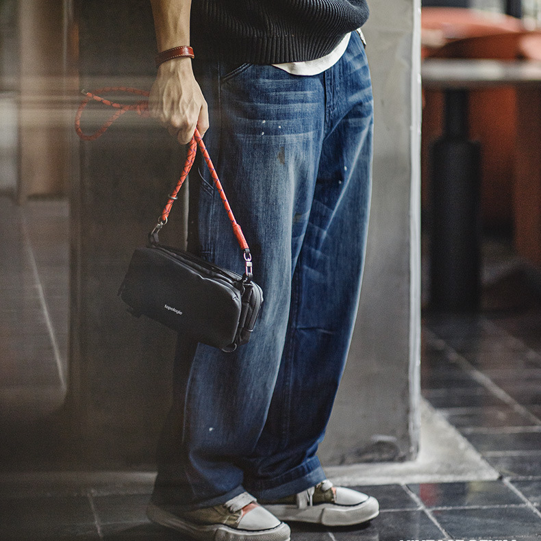 美式復古做舊磨白貓鬚牛仔褲寬鬆水洗丹寧潑墨直筒褲男秋