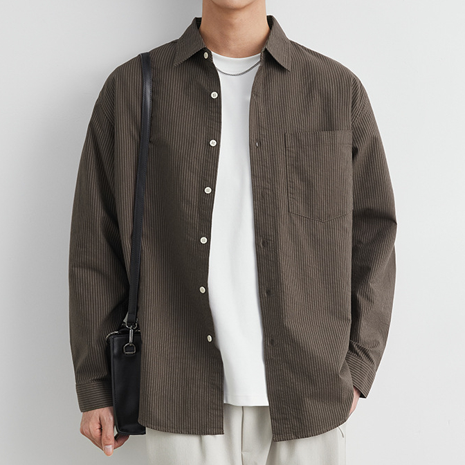 復古翻領純棉長袖襯衫男春秋季新款港風條紋休閒襯衣外套
