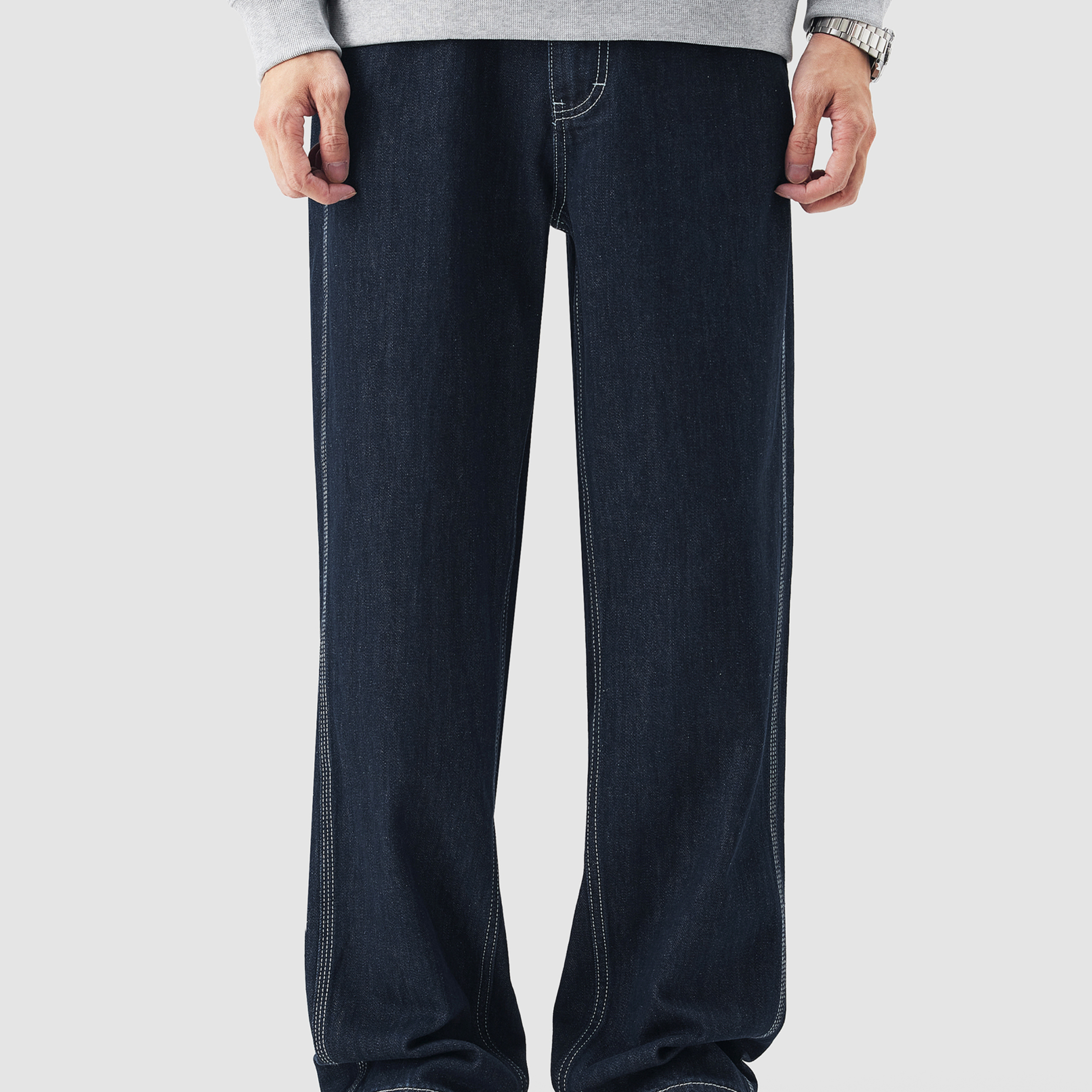 春秋新款原色闊腿牛仔褲男直筒寬鬆賽絡紡水洗復古休閒褲