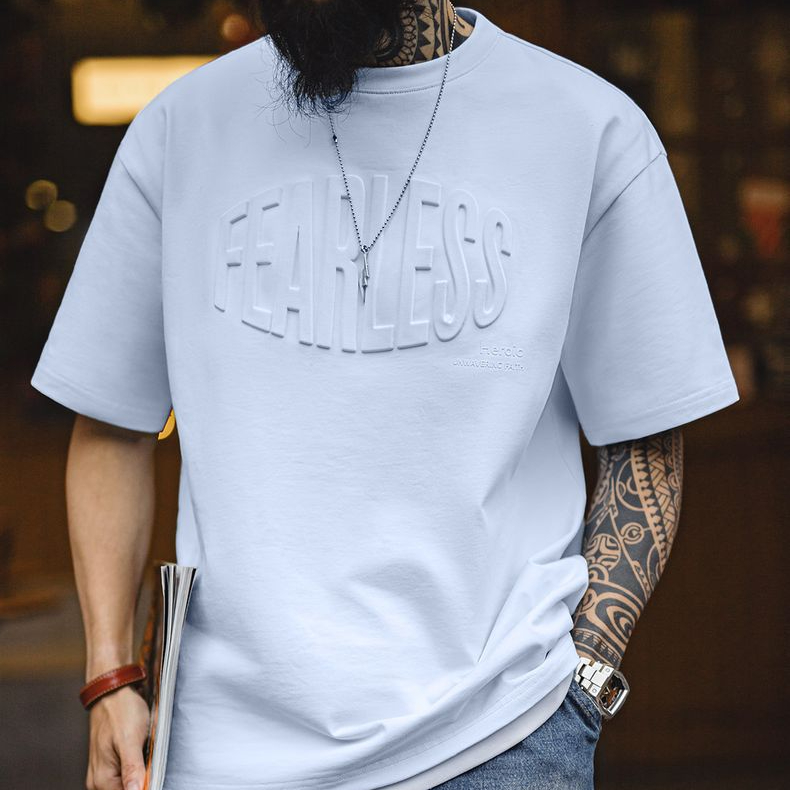 美式休閒3D印花純棉鋼印T恤淡藍透氣寬鬆高街短袖男春夏