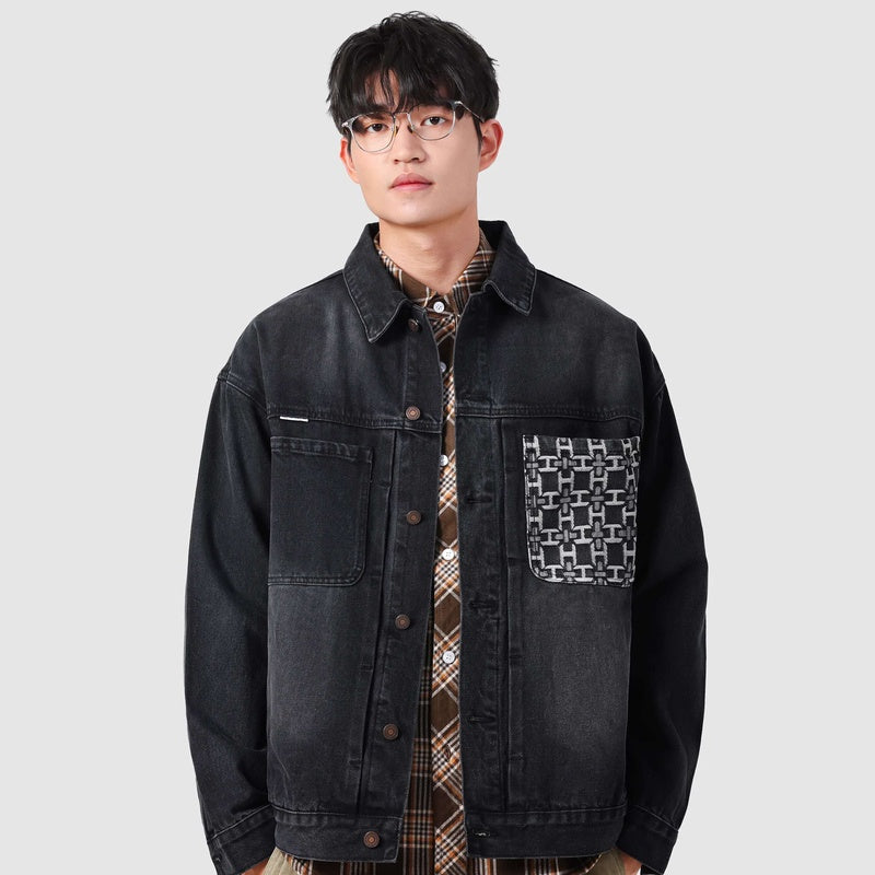 高級感刺繡口袋設計水洗牛仔外套男秋季寬松休閑工裝夾克