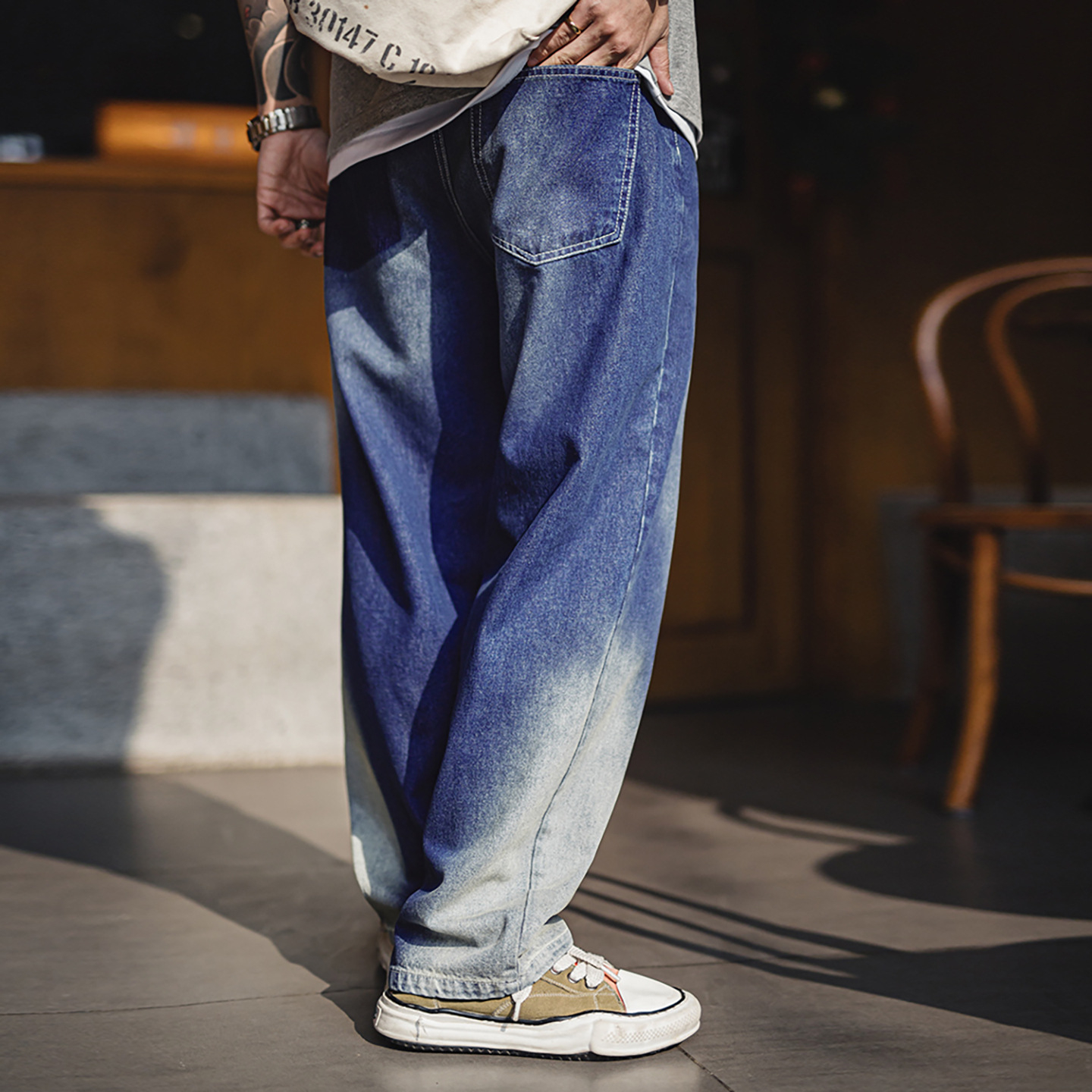 美式漸變冰藍色牛仔褲水洗丹寧萊賽爾cleanfit休閒褲男秋