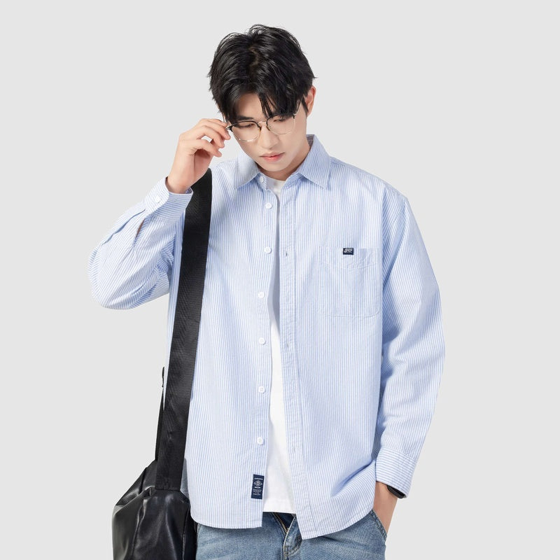 cityboy條紋長袖襯衫男春季休閑學院風工裝襯衣