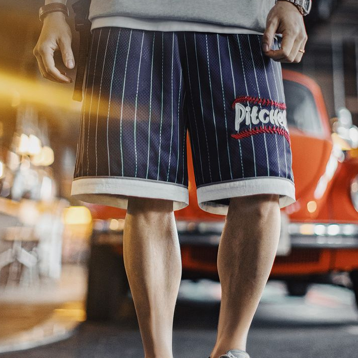 美式復古透氣籃球網眼短褲訓練寬鬆刺繡棒球五分褲男夏