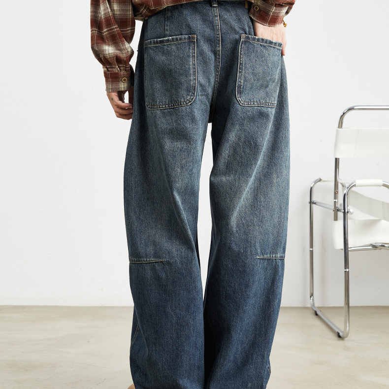 美式復古闊腿牛仔褲男春秋季寬鬆垂感老爹褲水洗大碼褲子