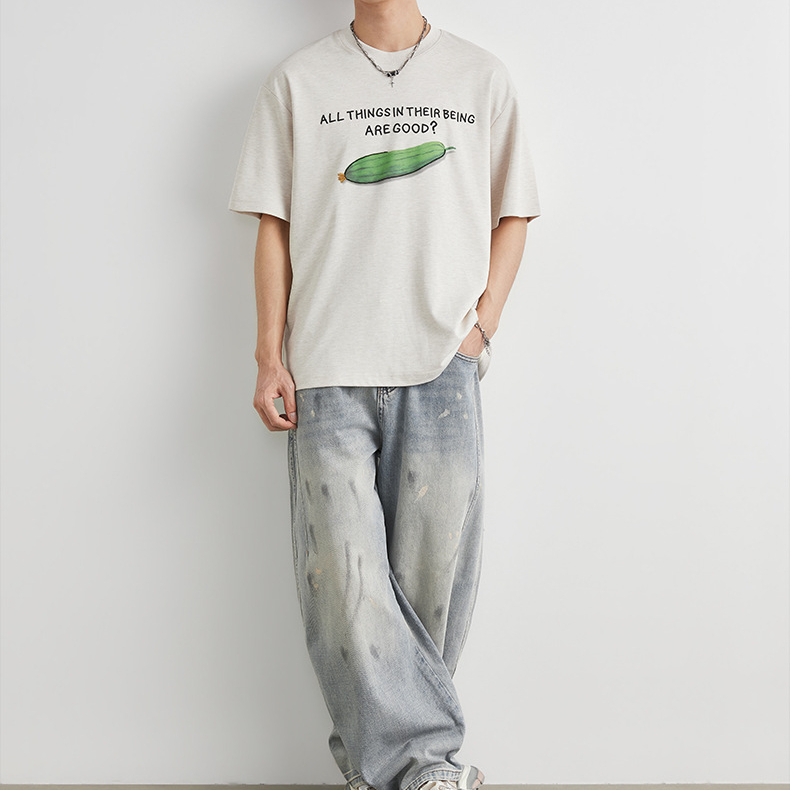 重磅210g莫代爾直噴趣味絲瓜印花短袖T恤男夏季寬鬆休閒半袖