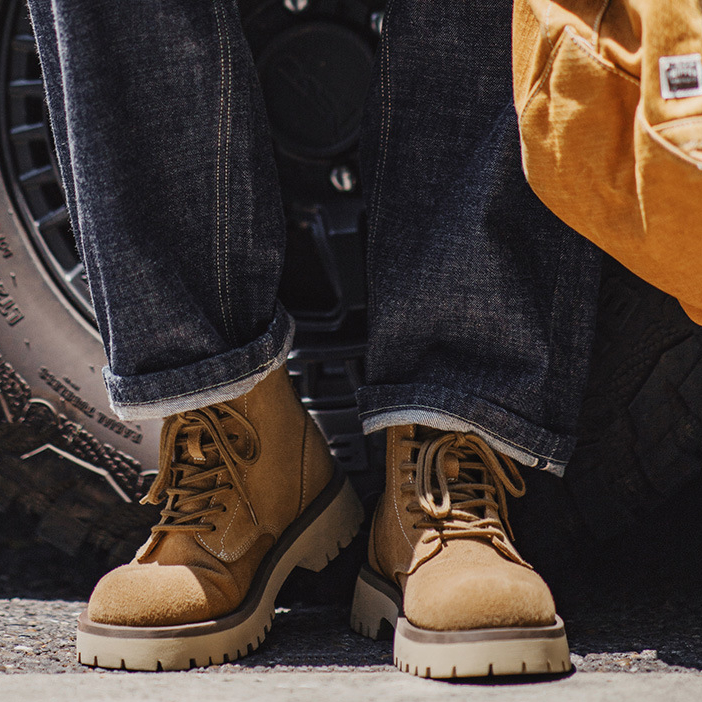 2025年秋冬新款男士中幫真牛皮馬丁靴厚底美式復古休閒工裝靴