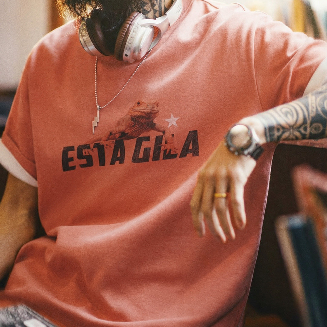 美式復古印花短袖上衣圓領落肩落日橘紅色針織T恤男夏季