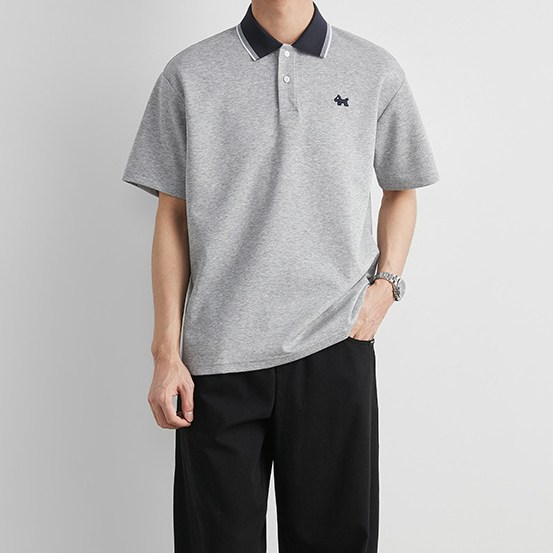 撞色領小狗刺繡Polo衫男夏季翻領寬鬆落肩短袖休閒通勤T恤