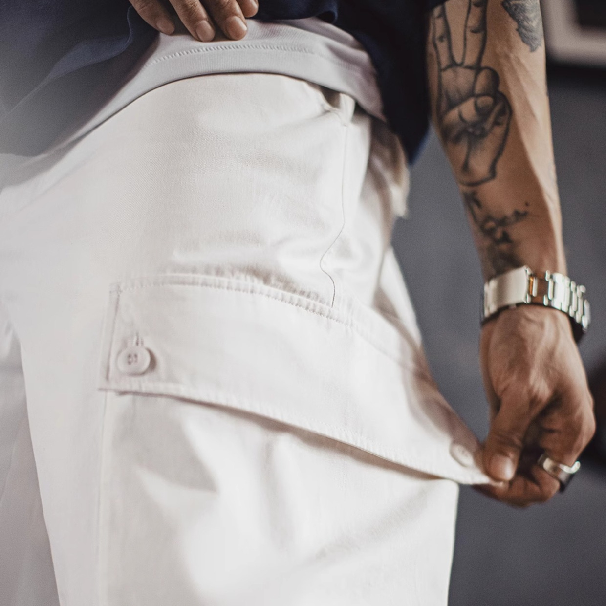 輕美式大口袋休閒褲純棉白色直筒鬆緊腰薄款長褲子男夏秋