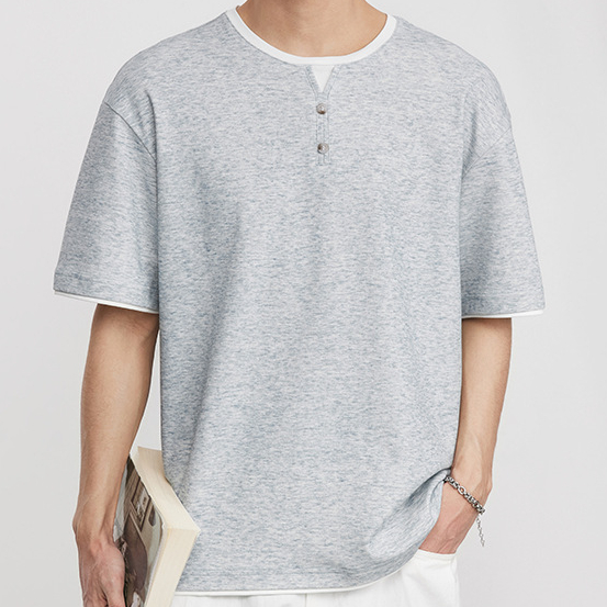 意式老錢風假兩件復古亨利領針織短袖T恤男美式純色休閒春夏