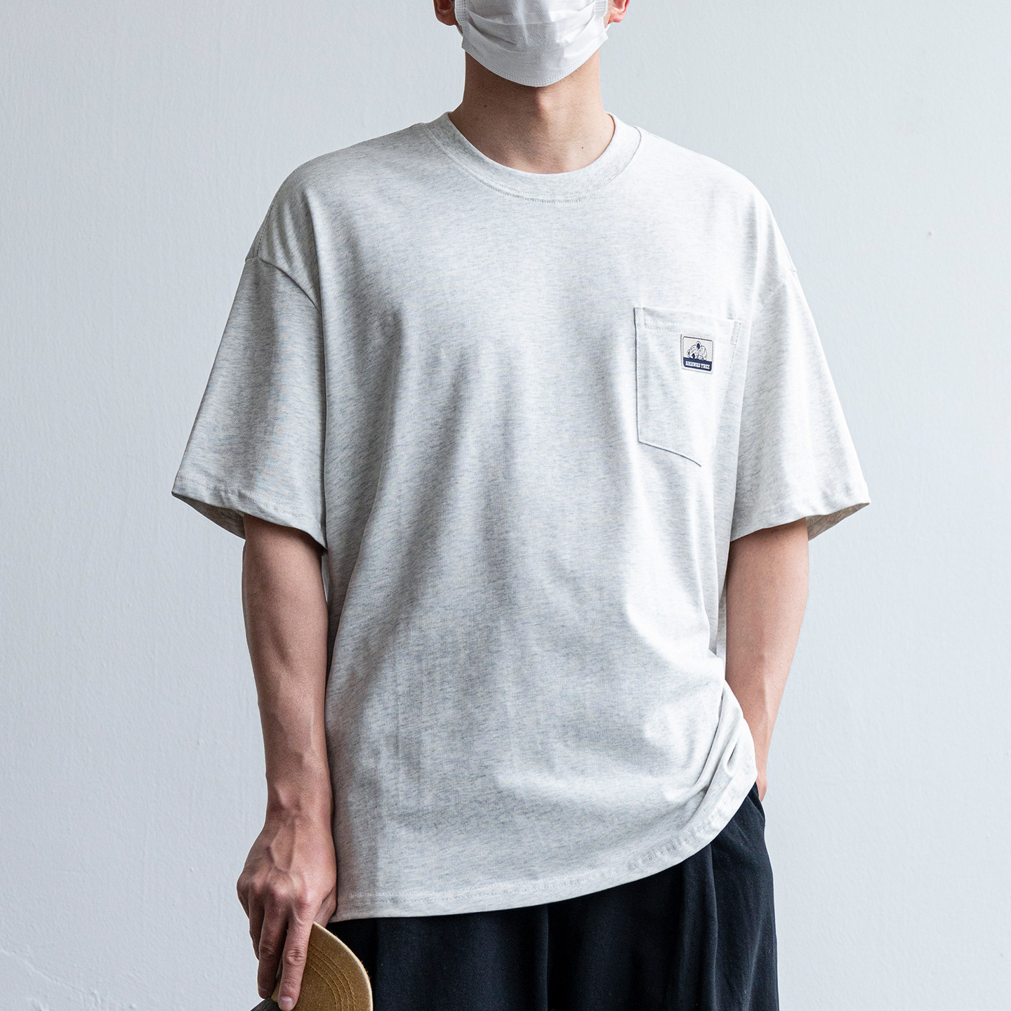日系簡約復古工裝風口袋貼標純棉短袖T恤男夏季寬鬆圓領半袖上衣